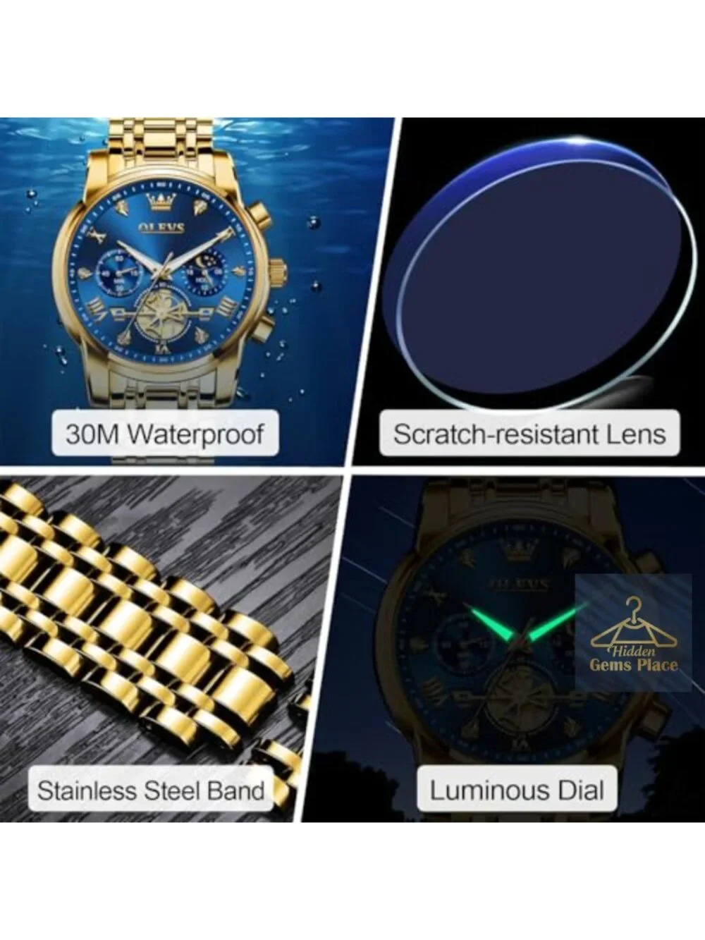 Men's Stainless Steel Chronograph Watch, Large Face Roman Numerals Water